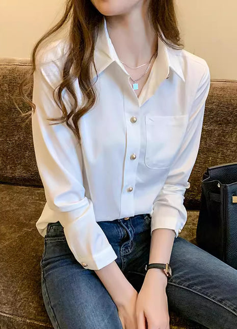 Elegant Women's Chiffon Long-Sleeve Loose Fit Western Style Button-Down Shirt