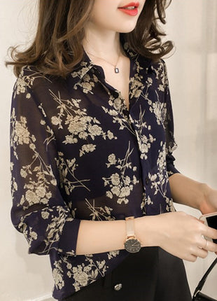 Elegant Floral Print Long-Sleeve Button-Up Shirt - Loose Fit, Korean Style, Versatile