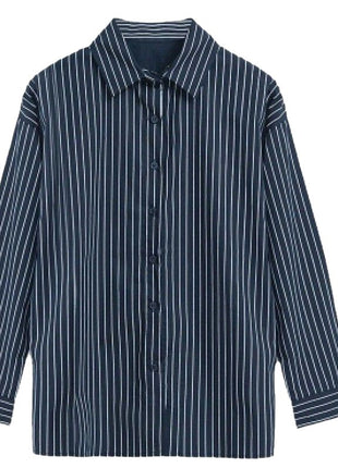 Stylish Blue Striped Loose Fit Long Sleeve Button-Down Shirt for Women