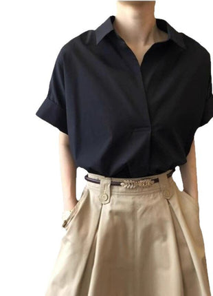 Chic Summer V-Neck Short Sleeve Blouse Loose Fit Retro Style Women's Shirt