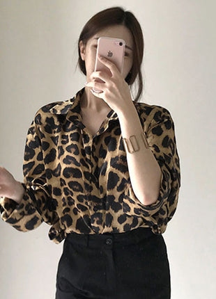 Chic Korean Retro Leopard Print Oversized Long-Sleeve Shirt - Autumn Leisure Style
