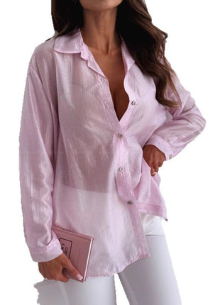 Trendy Rhinestone Sheer Long Sleeve Button-Down Cardigan Blouse Top