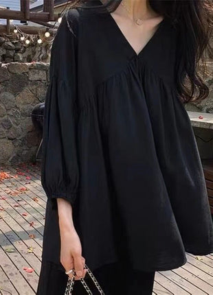 Chic Korean Style V-Neck Blouse: Loose Fit, Puff Sleeves, Polyester Comfort