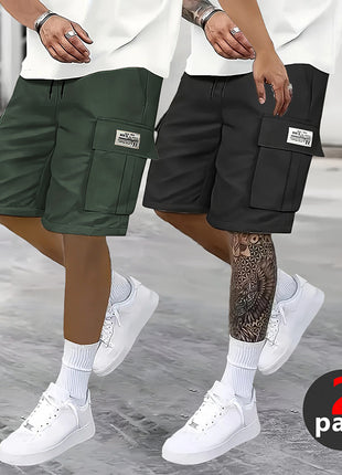 2-Piece Shorts Set European and American Casual Cargo Pants Plus Size Multi-Pocket Knee-Length Shorts Men's High-Waisted Straight-Leg Pants