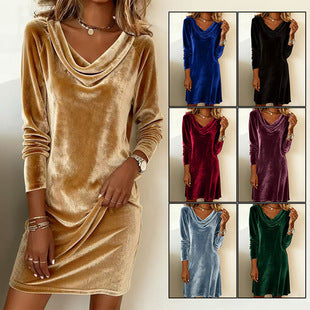 Elegant Velvet Fitted Midi Dress with Chic Swing Collar for Autumn