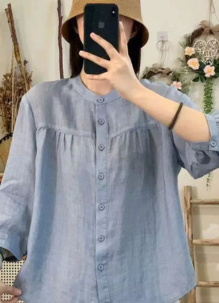 Breathable Cotton Linen Blend Seven-Sleeve Casual T-Shirt for Women
