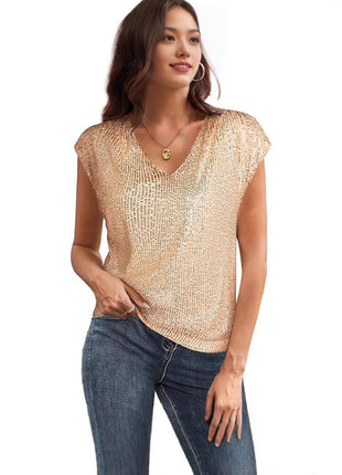 Women's Glamorous V-Neck Sequin Short Sleeve Top - Shiny Party Blouse