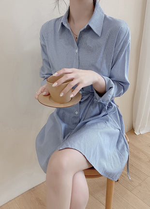 Chic Striped Polo Collar A-Line Long Sleeve Midi Shirt Dress for Women