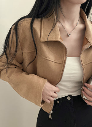 Chic Korean French Retro Velvet Zipper Jacket - Slim Fit Short Style