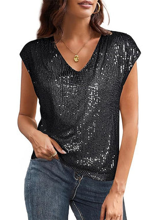 Women's Glamorous V-Neck Sequin Short Sleeve Top - Shiny Party Blouse