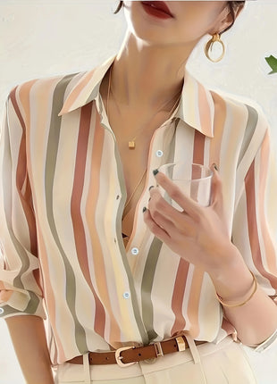 Women's Retro Striped Long-Sleeve Button-Up Shirt - Loose Fit Summer Cardigan Top
