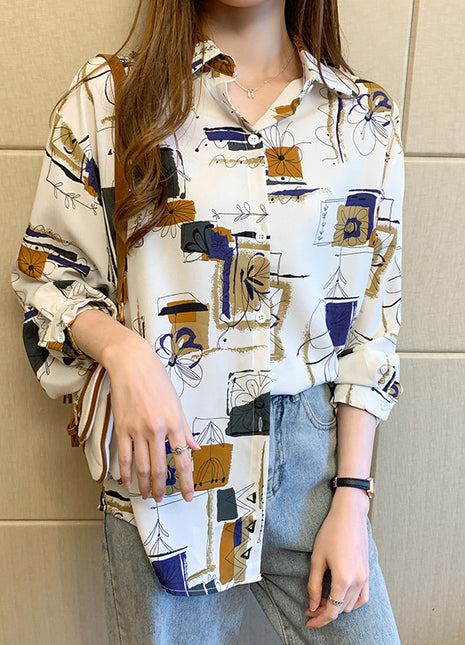 Chic Korean Print Loose Fit Long Sleeve Button-Down Shirt for Women