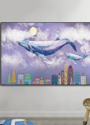 2D Flat, 1pc Large Modern Minimalist Whale Wall Art - Ocean Painting with Whale,  Framed Canvas Print in Sky Blue, for Living Room, Bedroom, Office Decor - Easy Hang Marine Life Poster Sea Decor, Home Decoration
