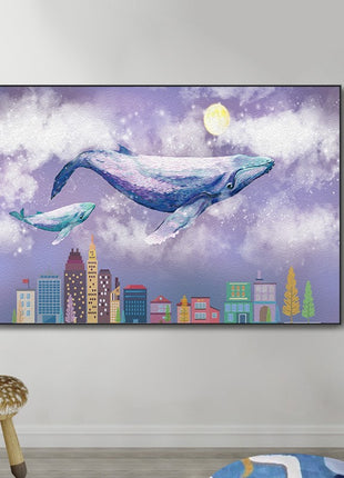 2D Flat, 1pc Large Modern Minimalist Whale Wall Art - Ocean Painting with Whale,  Framed Canvas Print in Sky Blue, for Living Room, Bedroom, Office Decor - Easy Hang Marine Life Poster Sea Decor, Home Decoration