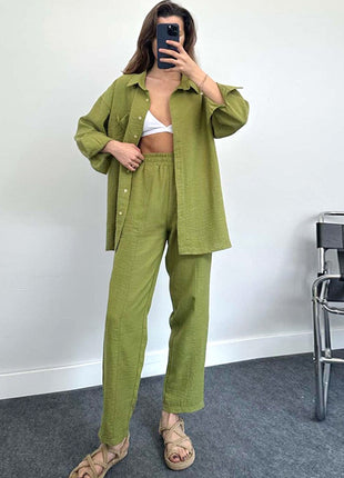 Chic Women's Oversize Long-Sleeve Shirt & Trousers Set - European Autumn Style