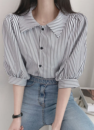 Women's Retro Striped Five-Point Sleeve Summer Shirt Loose Casual Polo Collar Blouse