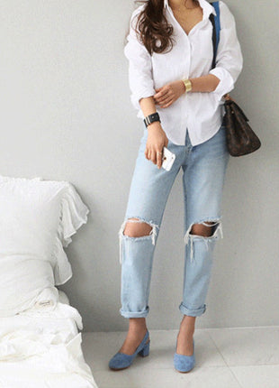 Elegant Solid Color Long-Sleeve Lapel Button-Up Loose Fit Women's Shirt