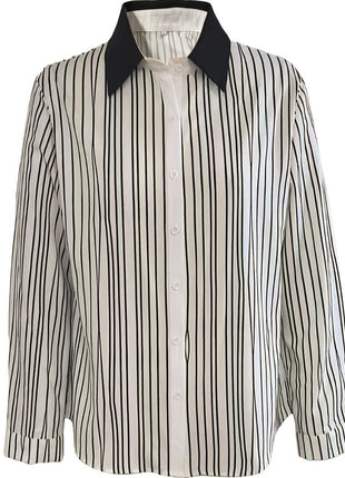 Chic Striped Long-Sleeve Polo Shirt Women's Early Autumn Versatile Commuter Top