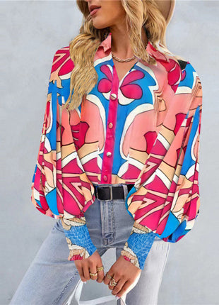 Elegant Women's Spring Floral Print Lantern Sleeve Polo Collar Loose Blouse