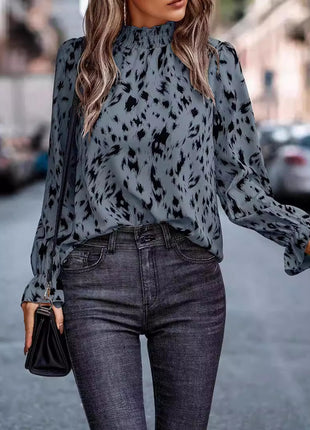 Elegant Women's Loose Fit High Collar Ruffle Long Sleeve Polyester Blouse