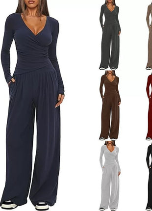 Women's Cozy Wide-Leg Pants & Long/Short Sleeve Top Lounge Set