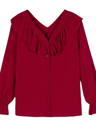 Elegant Chiffon V-Neck Ruffle Long Sleeve Blouse - Versatile Western Style Autumn Top