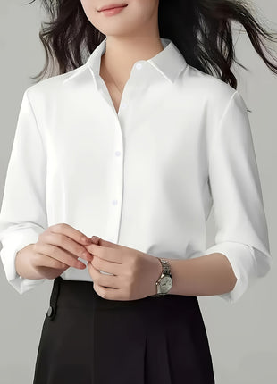 Elegant Commuter Long-Sleeve Button-Up Shirt - Pure Color Polyester Blend