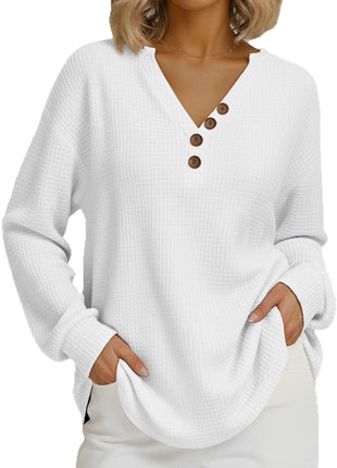 Women's Demi-Season Waffle Knit V-Neck Button Long-Sleeve Leisure Sweatshirt Top