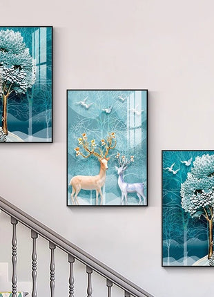 Modern minimalist living room decorative painting , canvas painting with border  With Frame SET OF 3 LUCKY DEER