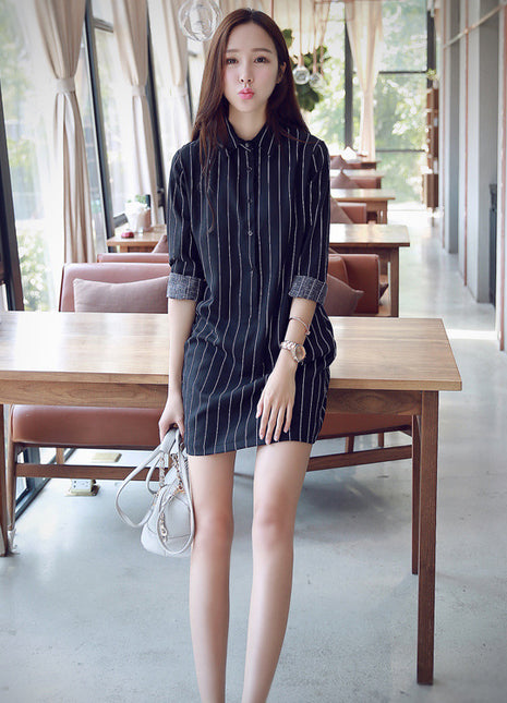 Women's Plus Size Striped Chiffon Mid-Length Button-Down Long Sleeve Blouse