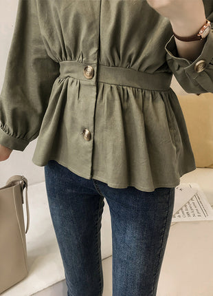 Elegant Korean Style V-Neck Long-Sleeve Shirt - Slim Fit Spring Blouse