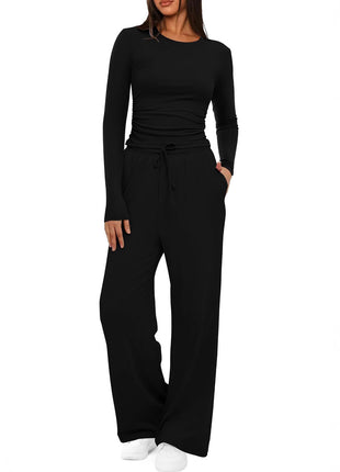 Women's Casual Polyester Long-Sleeve T-Shirt & Pants Set European Style