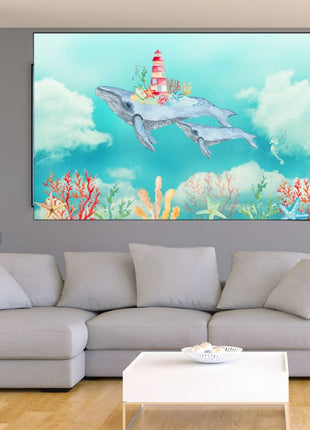 2D Flat, 1pc Large Modern Minimalist Whale Wall Art - Ocean Painting with Whale,  Framed Canvas Print in Sky Blue, for Living Room, Bedroom, Office Decor - Easy Hang Marine Life Poster Sea Decor, Home Decoration