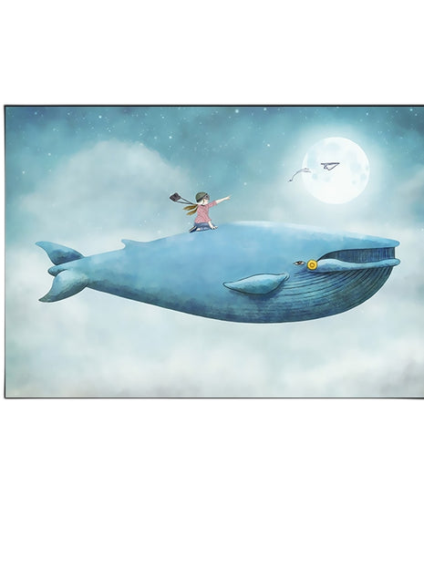 2D Flat, 1pc Large Modern Minimalist Whale Wall Art - Ocean Painting with Whale,  Framed Canvas Print in Sky Blue, for Living Room, Bedroom, Office Decor - Easy Hang Marine Life Poster Sea Decor, Home Decoration