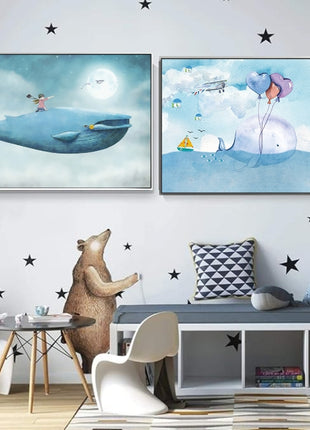 2D Flat, 1pc Large Modern Minimalist Whale Wall Art - Ocean Painting with Whale,  Framed Canvas Print in Sky Blue, for Living Room, Bedroom, Office Decor - Easy Hang Marine Life Poster Sea Decor, Home Decoration