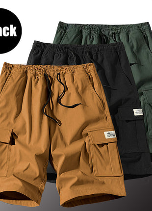 3 Pack Men's Solid Color Shorts Simple All-match Casual 5-point Pants Drawstring Straight Tooling Pants for Men