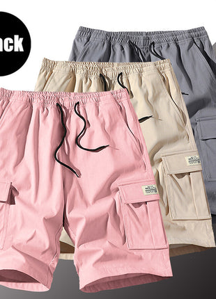 3 Pack Men's Solid Color Shorts Simple All-match Casual 5-point Pants Drawstring Straight Tooling Pants for Men