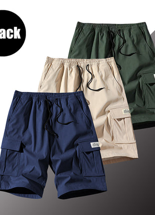 3 Pack Men's Solid Color Shorts Simple All-match Casual 5-point Pants Drawstring Straight Tooling Pants for Men