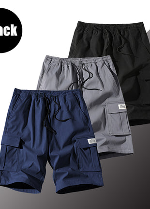3 Pack Men's Solid Color Shorts Simple All-match Casual 5-point Pants Drawstring Straight Tooling Pants for Men