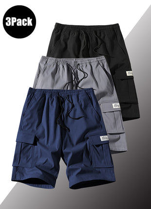 3 Pack Men's Solid Color Shorts Simple All-match Casual 5-point Pants Drawstring Straight Tooling Pants for Men