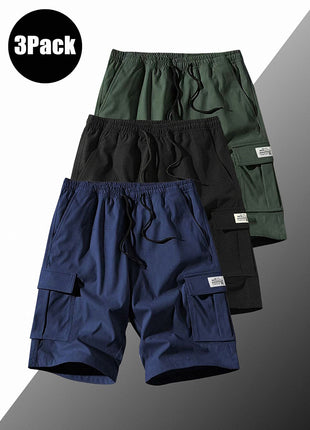 3 Pack Men's Solid Color Shorts Simple All-match Casual 5-point Pants Drawstring Straight Tooling Pants for Men