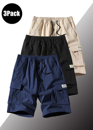 3 Pack Men's Solid Color Shorts Simple All-match Casual 5-point Pants Drawstring Straight Tooling Pants for Men