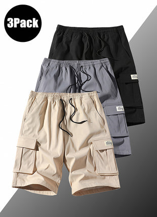 3 Pack Men's Solid Color Shorts Simple All-match Casual 5-point Pants Drawstring Straight Tooling Pants for Men