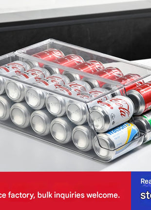 Double-Layer Refrigerator Beverage Storage Box Beer Cola Can Rolling Storage Box Drawer Covered Storage Rack