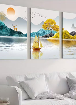 Modern minimalist living room decorative painting , canvas painting with border  With Frame SET OF 3 Fulu Jinshan