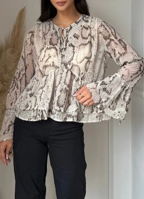Chic European Style Animal Print Long Sleeve Blouse for Women