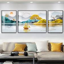 Modern minimalist living room decorative painting , canvas painting with border  With Frame SET OF 3 Fulu Jinshan