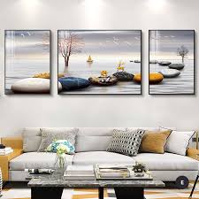 Modern minimalist living room decorative painting , canvas painting with border  With Frame SET OF 3 GOOD FORTUNE COMES FROM STONES