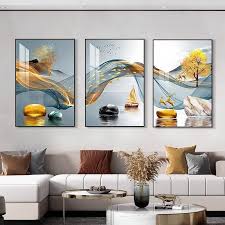 Modern minimalist living room decorative painting , canvas painting with border  With Frame SET OF 3 GOOD FORTUNE SHINES BRIGHTHY