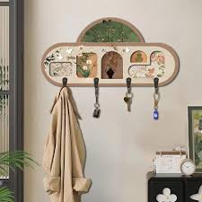 1pc Wall Mounted Key Hook, Wooden Key Hangers with Double Hooks, Multiuse Key Coat Book Sundries Storage Rack, for Bedroom, Office, Living Room, Entryway, Wall wall decor,